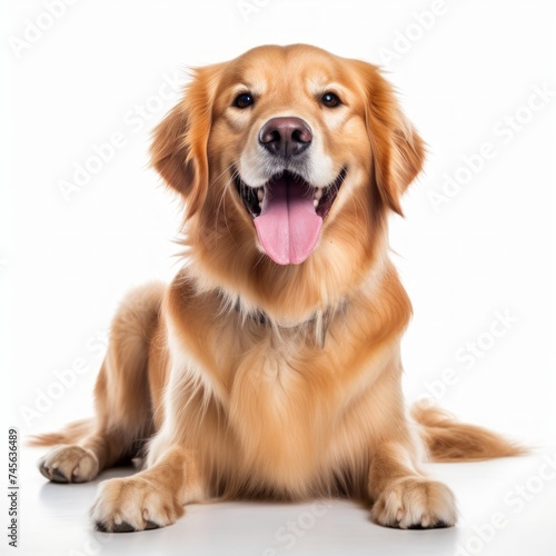 Happy Golden Retriever sitting on a white background, tongue out, cheerful and friendly Generative AI