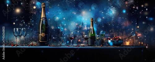 Happy New Year concept, glasses with sparkling champagne, amazing fireworks backgorund