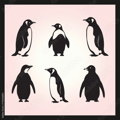 Penguin silhouette set Clipart on a hex color background