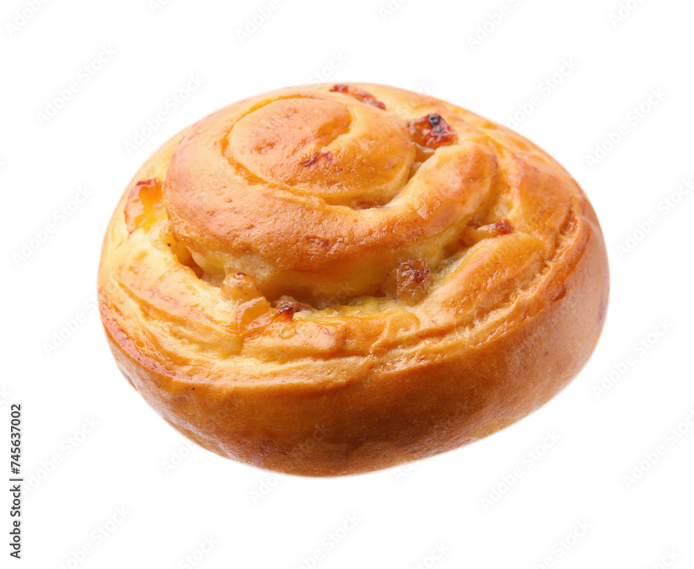 One delicious roll with raisins isolated on white. Sweet bun One delicious roll with raisins isolated on white. Sweet bun