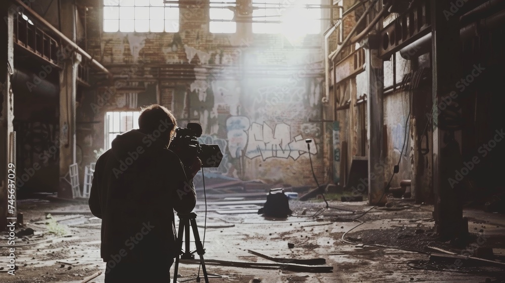 A filmmaker sets up his camera on a tripod, preparing to capture the essence of urban decay within an abandoned, graffiti-covered factory. A filmmaker sets up his camera on a tripod, preparing to capture the essence of urban decay within an abandoned, graffiti-covered factory.
