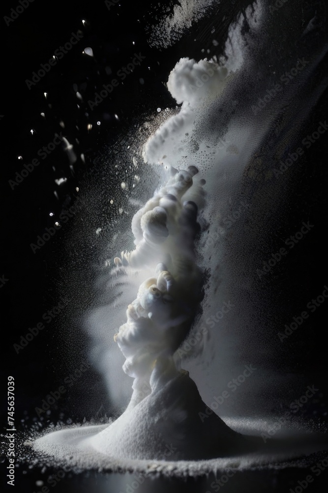 a floating flour powder being poured into a pile of flour a floating flour powder being poured into a pile of flour