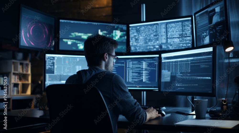 Generative AI Journalist analyzing data on a computer screen, in-depth research, surrounded by reports and documents Generative AI Journalist analyzing data on a computer screen, in-depth research, surrounded by reports and documents