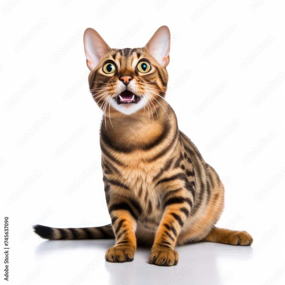 Joyful Bengal Cat sitting on a white background, playful stance, alert and curious Generative AI
