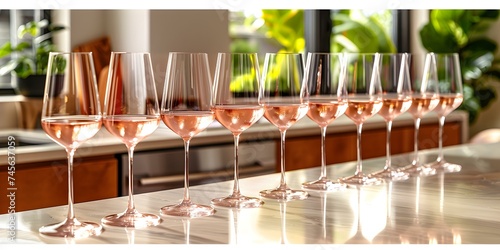 Arrangement of exquisite pink wine glasses on a countertop. Concept Glassware Display, Event Decor, Home Styling, Elegant Entertaining