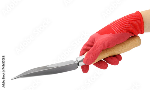 Woman in gardening glove holding trowel on white background, closeup