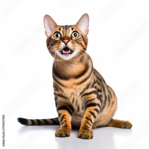 Joyful Bengal Cat sitting on a white background, playful stance, alert and curious Generative AI