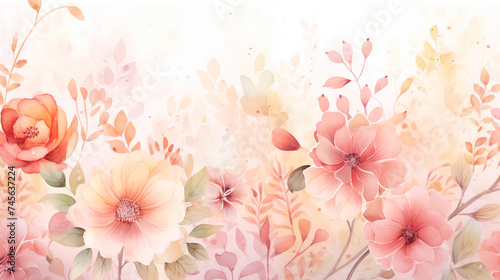 Beautiful watercolor background with pastel flowers and leaves, warm colors. Spring concept