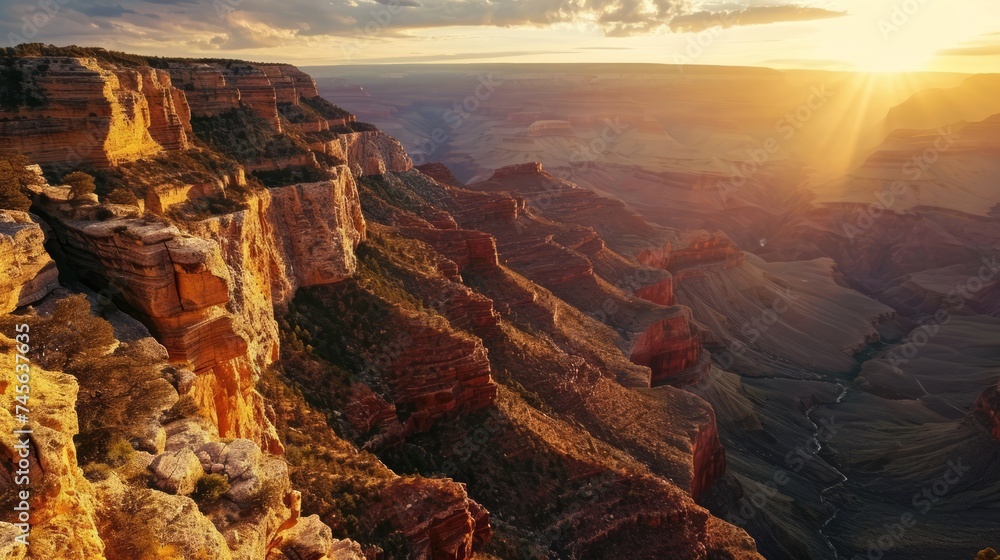 Generative AI Majestic canyon formations, drone's perspective, golden hour tones, vastness, photorealistic sunset over the Grand Canyon