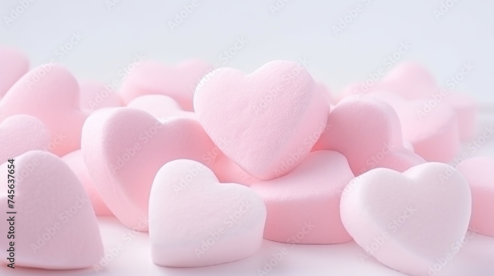 Marshmallows in pastel pink, heart-shaped, arranged on a white background, soft lighting, sweet and romantic ambiance Generative AI