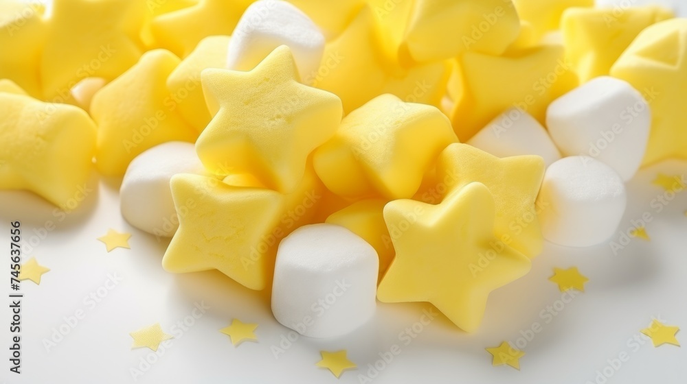 Marshmallows in sunny yellow, star-shaped, scattered on a white background, warm and inviting lighting, playful and cheerful mood Generative AI Marshmallows in sunny yellow, star-shaped, scattered on a white background, warm and inviting lighting, playful and cheerful mood Generative AI