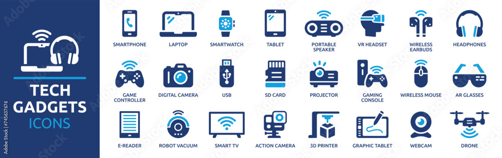 Tech gadgets icon set. Containing smartphone, laptop, tablet, smartwatch, drone, headphones, digital camera, smart TV, gaming console and more. Solid vector icons collection. - obrazy, fototapety, plakaty 