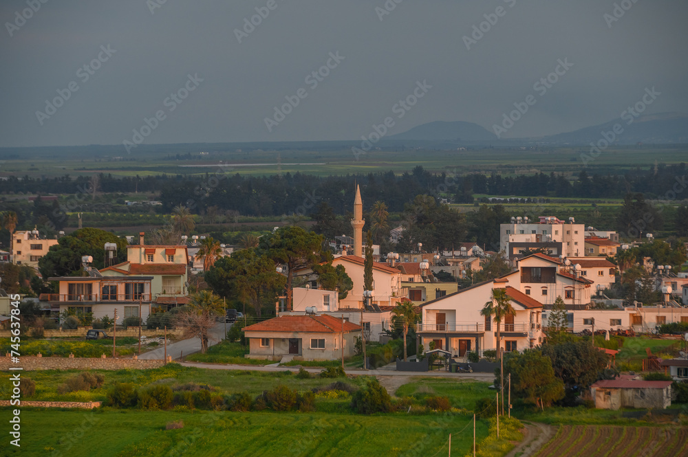 village with mosque at sunset in winter in Cyprus 1