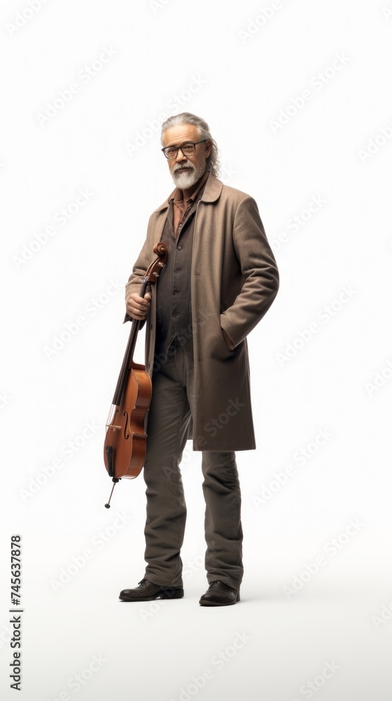 Generative AI Middle-aged male musician holding an instrument, subtle smile, full-height view, showcasing talent against a plain white background