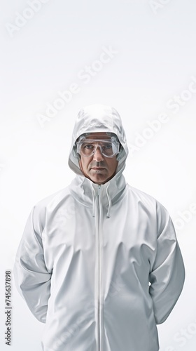 Generative AI Middle-aged male scientist in a lab  wearing protective gear  subtle smile  in full stature against a white background