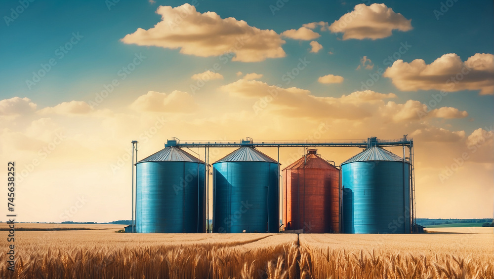 Silos in a wheat field Storage of agricultural product - obrazy, fototapety, plakaty 