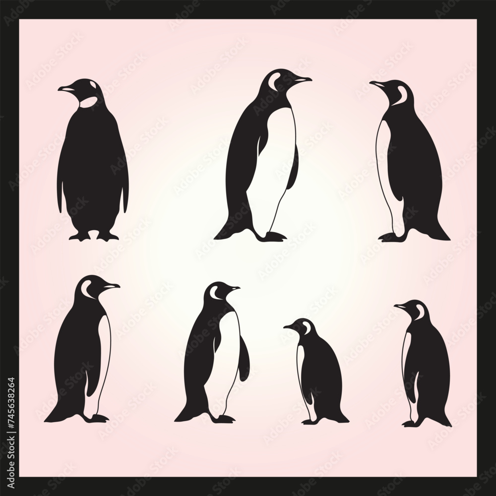 Fototapeta premium Penguin silhouette set Clipart on a hex color background