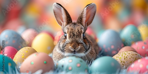 Rabbit plays amidst vibrant Easter eggs in festive lineup for spring celebration. Concept Spring Celebration, Easter Eggs, Rabbit Playtime, Festive Decor, Vibrant Colors