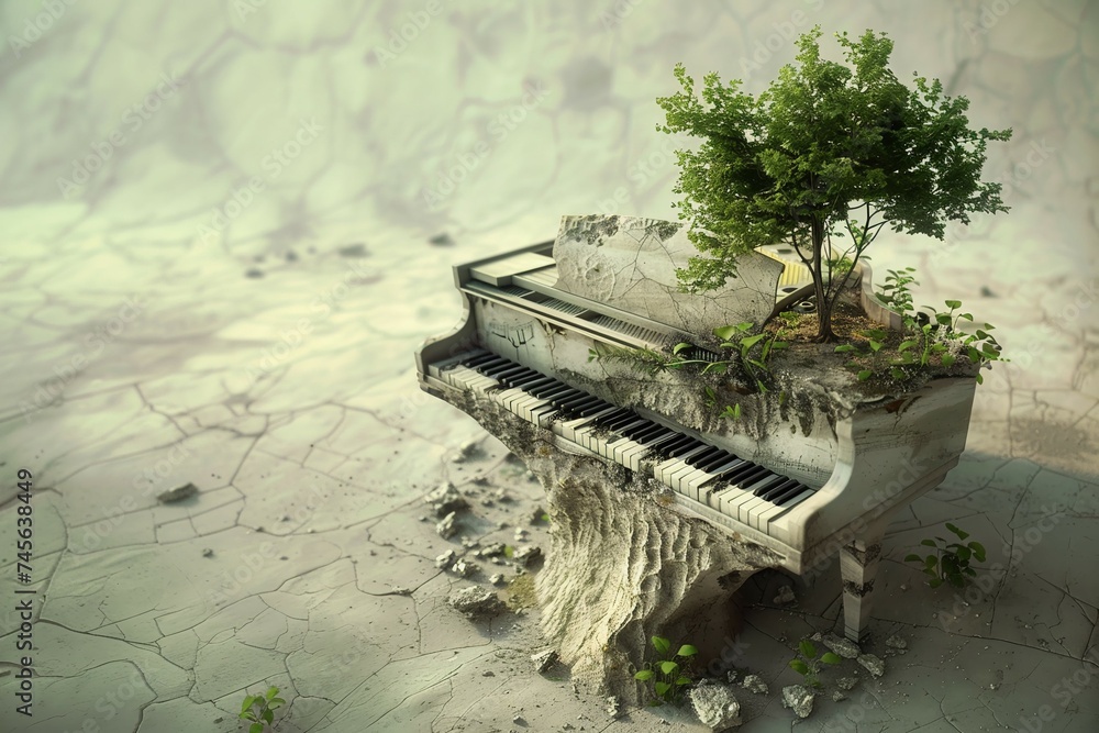  piano in the middle of a ruined space - obrazy, fototapety, plakaty 