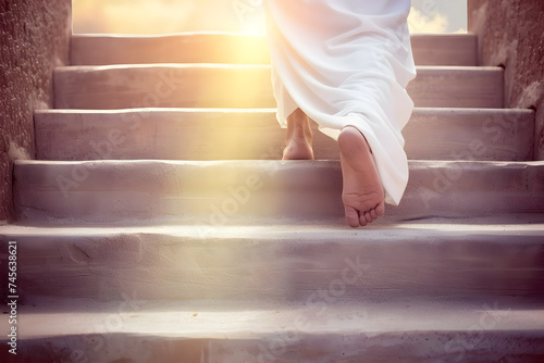 Jesus stepping up. Concept of Resurrection of Jesus Christ at empty tomb	