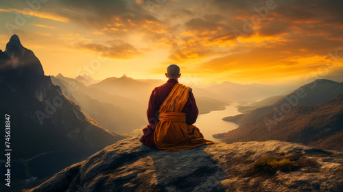 Young lonely Buddhist monk meditates on top of mountain at beautiful sunset or sunrise. Concept of spiritual practices, development. Rear view. Atmosphere of silence, tranquility and peace. Copy space