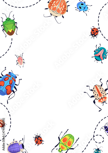 Beetles, card design. Bugs frame, vertical background. Different summer insec...