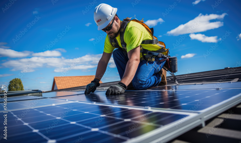 Profesional worker is installing solar panels on the roof of the house. Sustainable energy sources. Alternative energy Profesional worker is installing solar panels on the roof of the house. Sustainable energy sources. Alternative energy