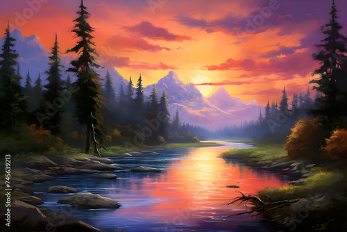 Golden Sunset Over Tranquil River: A Rich Tapestry of Vibrant Hues and Serene Silhouettes © Lillian