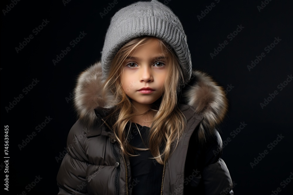 Portrait of a beautiful little girl on a black background. Winter fashion. Portrait of a beautiful little girl on a black background. Winter fashion.
