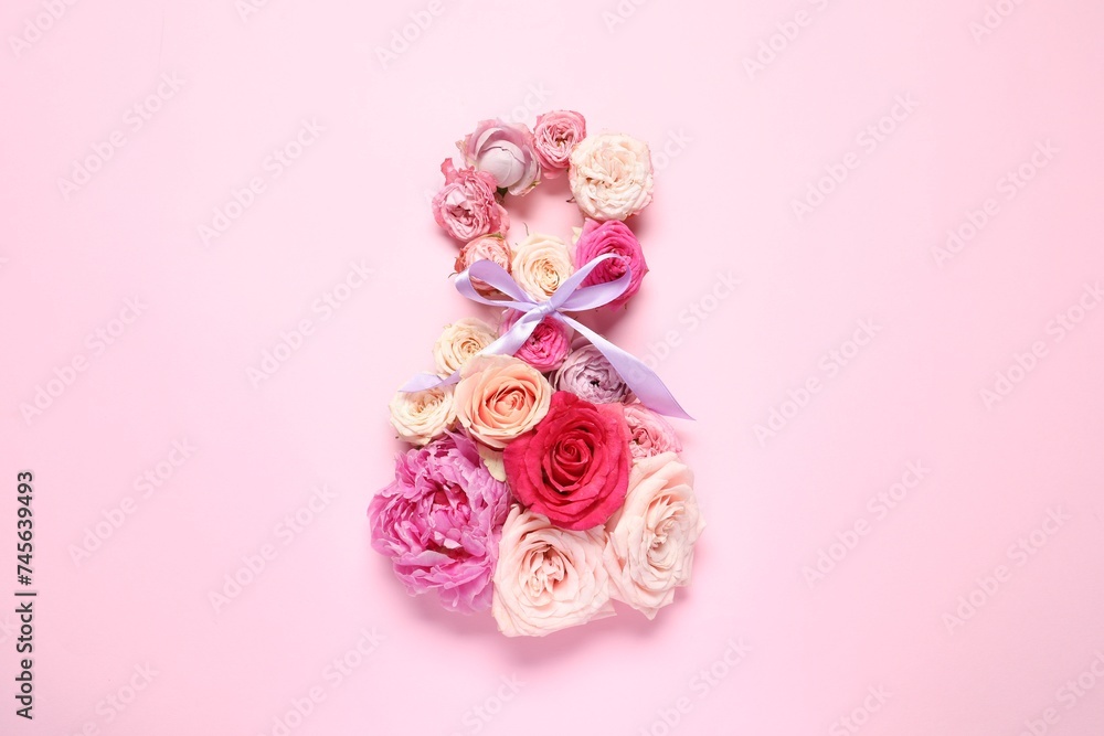 8 March greeting card design made with beautiful flowers on pink background, top view 8 March greeting card design made with beautiful flowers on pink background, top view