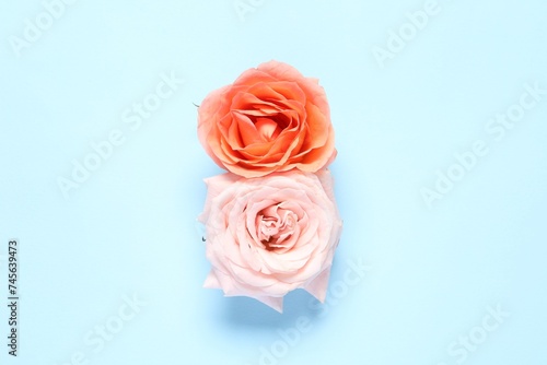 8 March greeting card design made with beautiful flowers on light blue background  top view