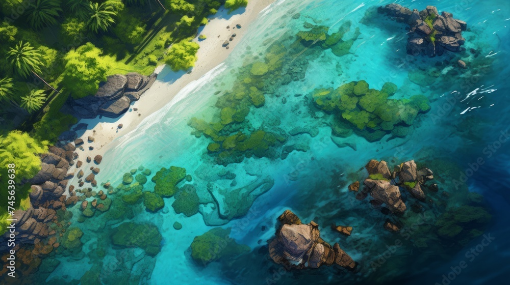 Fototapeta premium Generative AI Overhead shot revealing an exquisite island vista featuring palm-fringed coastlines, secret coves, and a vibrant underwater world thriving in the warm tropical waters. photorealistic