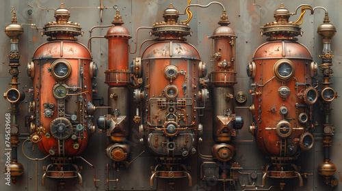 A complex steampunk apparatus, featuring brass components with gears, dials, and pipes, exuding Victorian era industrial charm.