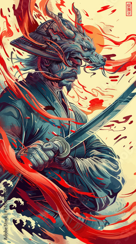 Samurai Old Japanese illustration with Dragon hat