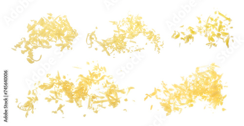 Tasty grated cheese isolated on white, top view