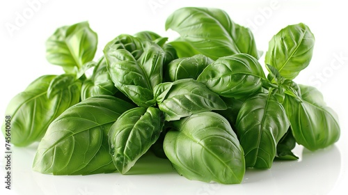 Green basil leaves with a vivid sheen, exuding freshness and the aromatic essence of herbs on a clean white background