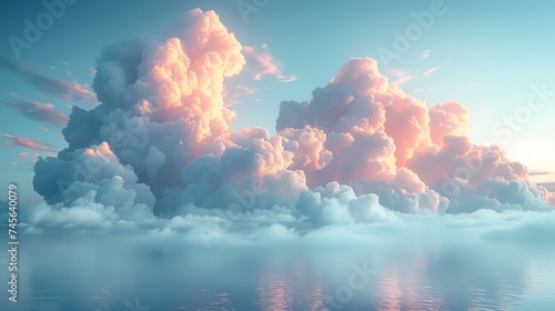 A serene scene where soft pastel clouds reflect the first light of dawn, creating a dreamscape above the tranquil, mist-covered waters