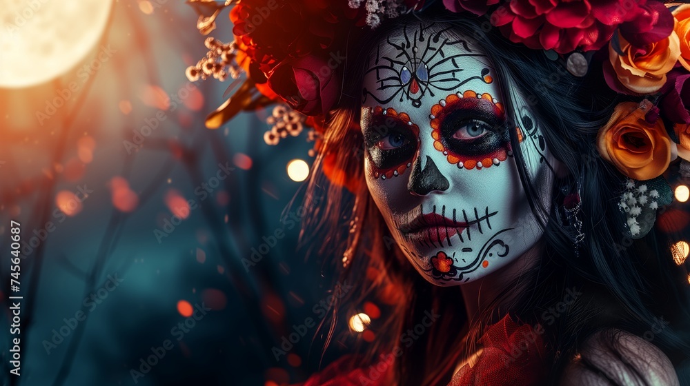 In the eerie glow of Halloween moonlight, a haunting beauty portrait takes center stage - a girl in a death costume, her face a canvas adorned with Day of the Dead 