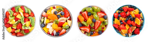 Fruit salad, collection. Mixed fresh berries and fruits isolated on white, top view