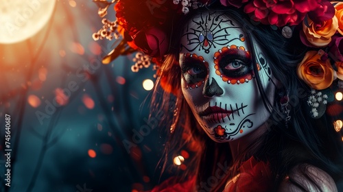 In the eerie glow of Halloween moonlight  a haunting beauty portrait takes center stage - a girl in a death costume  her face a canvas adorned with Day of the Dead 