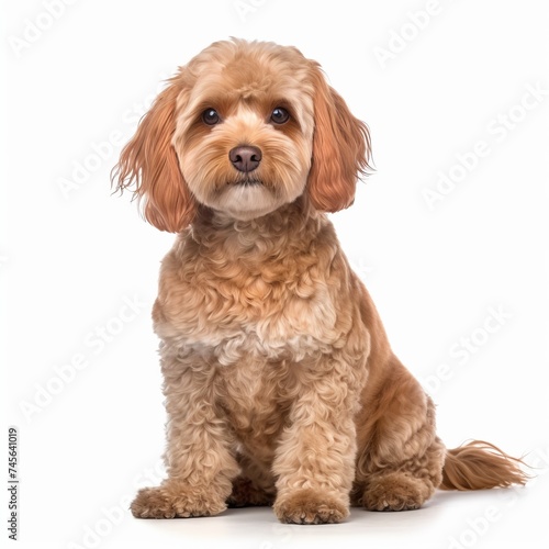 A small Liver Water Dog is sitting on a white surface and facing the camera