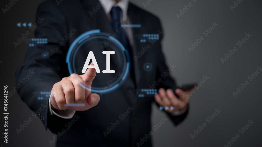 Businessman touching an AI artificial intelligence concept hologram on a digital interface. Business innovation technology futuristic analytics system network Businessman touching an AI artificial intelligence concept hologram on a digital interface. Business innovation technology futuristic analytics system network