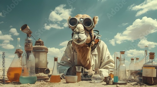 Camel in Sci-Fi Lab with Gas Mask and Goggles