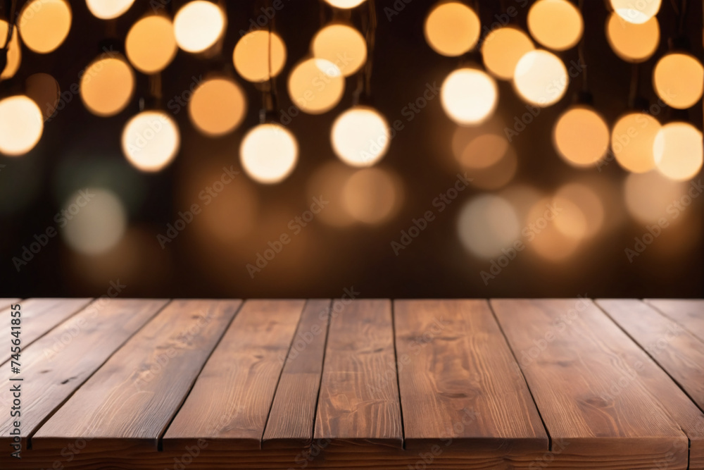 Empty wooden table with blurred lights in the background, with copy space - Product showing