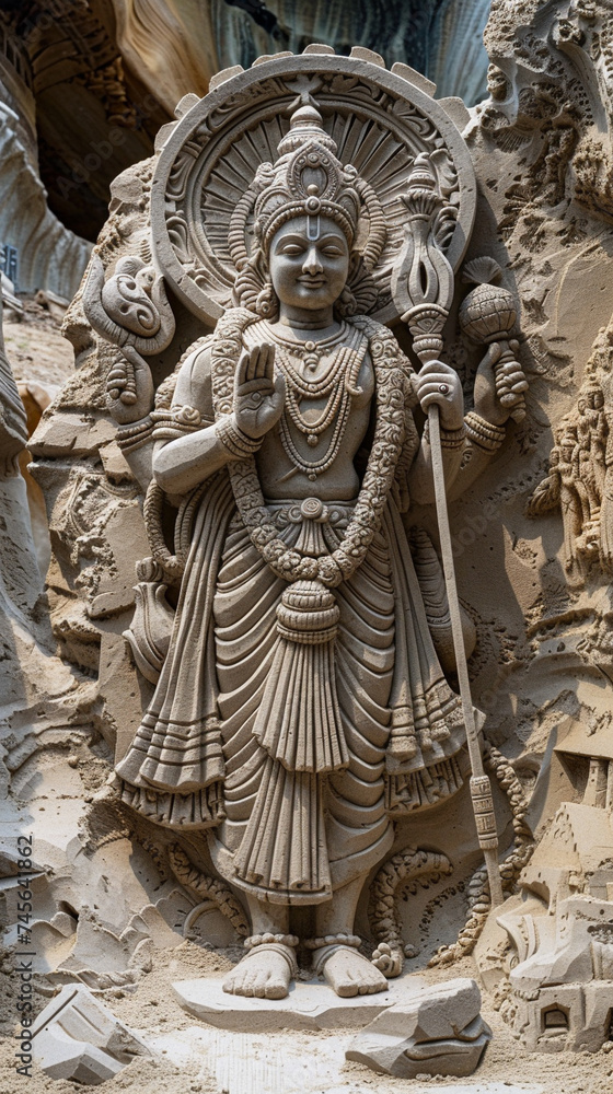 Sand sculptures of Vishnus incarnations a series showcasing the Dashavatara from Matsya the fish to Kalki the warrior each form representing a different era and aspect of life