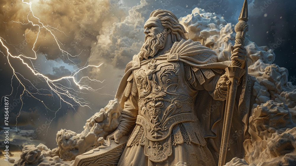 Sand sculptures of Zeus in Olympus towering with majesty each grain contributing to the depiction of the king of gods amidst the clouds and lightning of his realm
