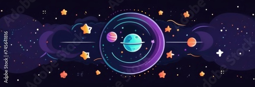 banner illustration for Cosmonautics Day, planets in outer space with satellites, falling meteor and asteroids in starry sky, dark background, copy space