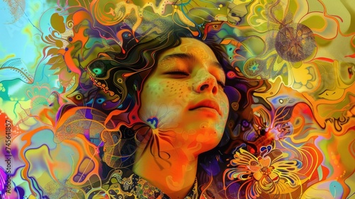 Explore mental health through internal discovery and emotional depth. A girl in depression seeks love and internal peace, bearing a heavy burden. Captured with DMT art style and LSD inspiration.