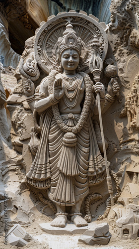 Sand sculptures of Vishnus incarnations a series showcasing the Dashavatara from Matsya the fish to Kalki the warrior each form representing a different era and aspect of life photo