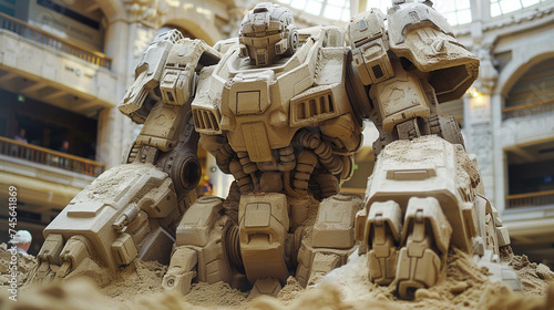 Sand sculptures of robot towering and fearsome capturing the king of robot in its prime each grain detailing its fearsome jaws and powerful stance